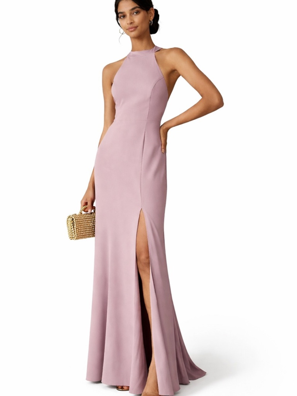 BHLDN Serephina Crepe Maxi Dress Mauve High Neck Open Back US 6 Anthropologie
